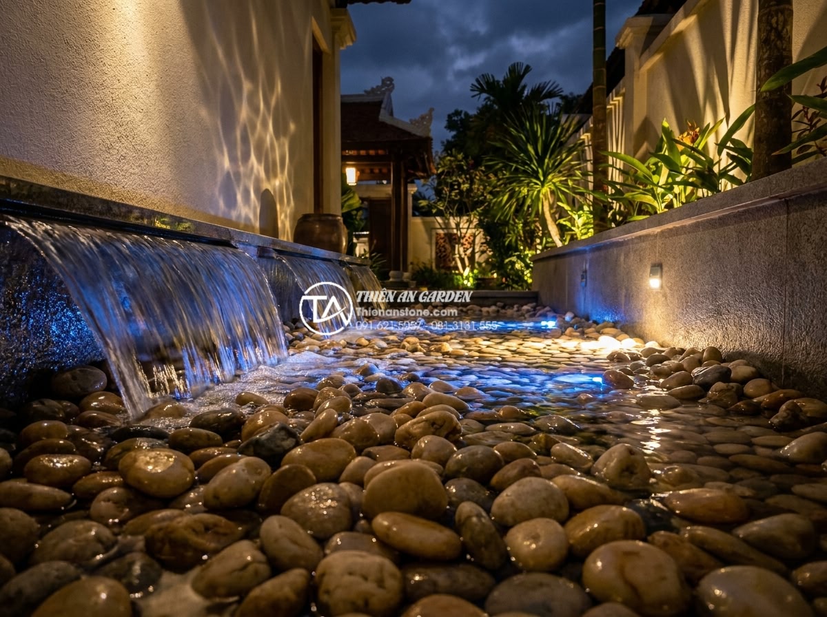 Tiểu Cảnh Nước - Hình 23 Tiểu Cảnh Nước - Dramatic nighttime water feature with underwater LED lighting creating blue and