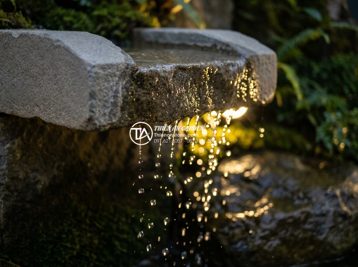Tiểu Cảnh Nước - Hình 24 Tiểu Cảnh Nước - Detail of water droplets catching light from garden spotlights as they fall from