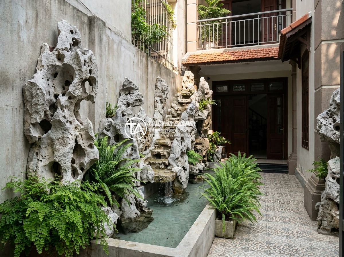 Tiểu Cảnh Nước - Hình 25 Tiểu Cảnh Nước - Townhouse front yard with narrow water feature along one wall, natural stone ste