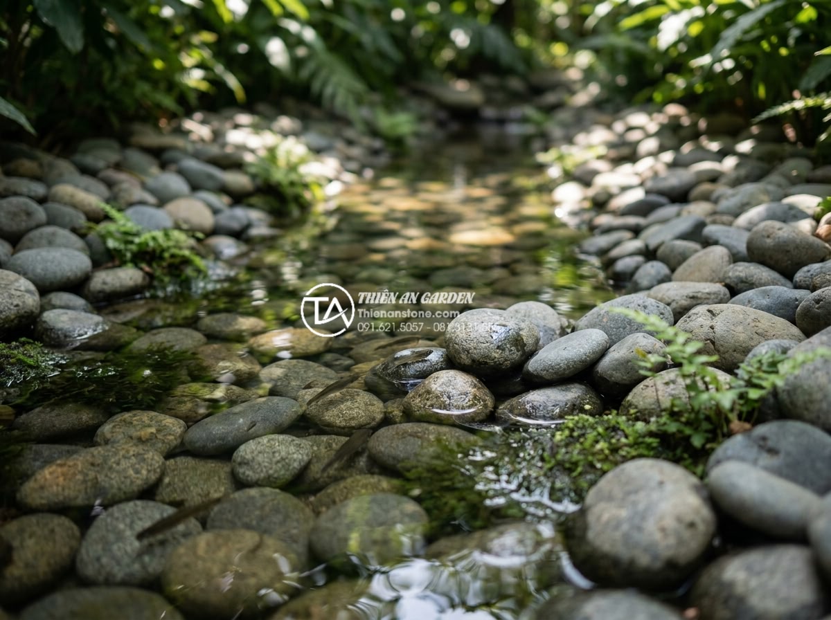 Tiểu Cảnh Nước - Hình 27 Tiểu Cảnh Nước - Close-up of artificial stream bed lined with multicolored natural river pebbles,