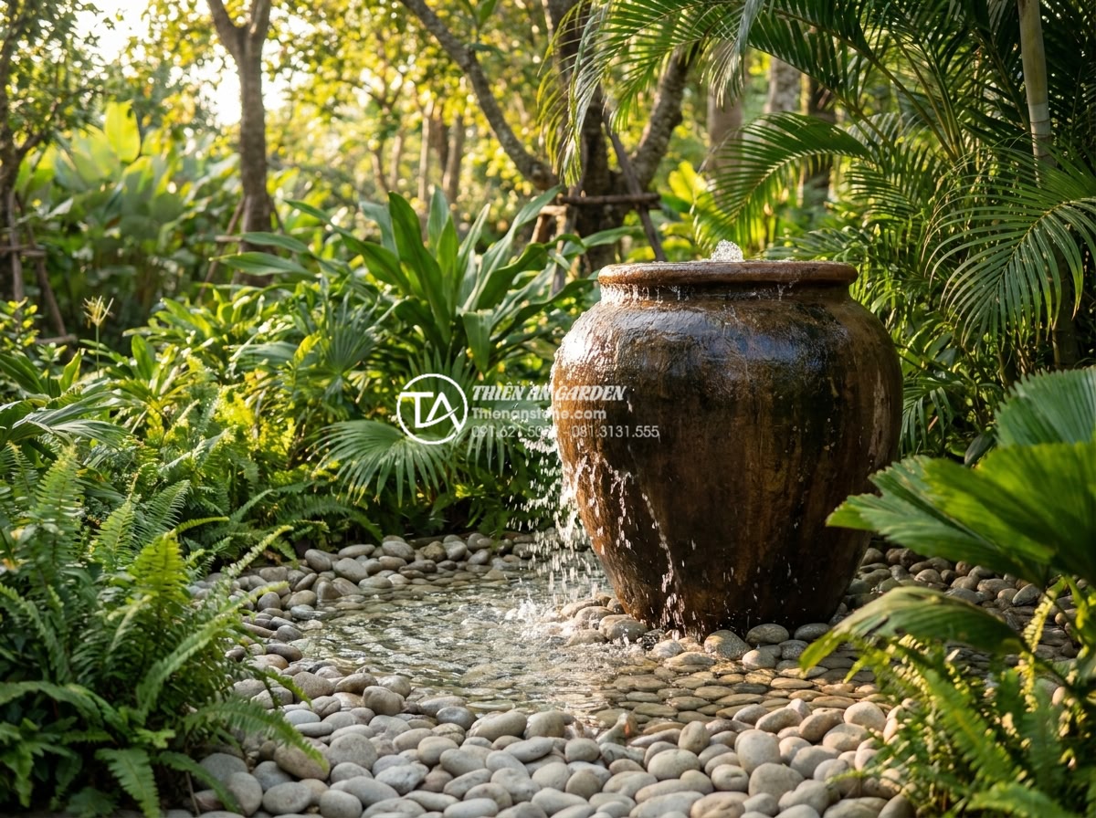 Tiểu Cảnh Nước - Hình 29 Tiểu Cảnh Nước - Traditional ceramic water jar feature in a Vietnamese garden, water overflowing
