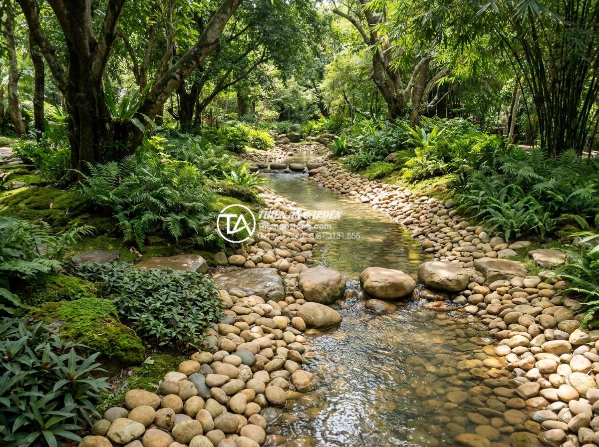 Tiểu Cảnh Nước - Hình 30 Tiểu Cảnh Nước - Artificial garden stream winding through a lush garden path, natural river rocks