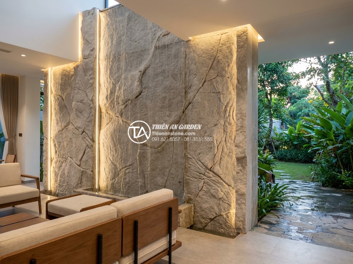 Tiểu Cảnh Nước - Hình 31 Tiểu Cảnh Nước - Natural stone water wall feature inside a luxury home living room opening to gar