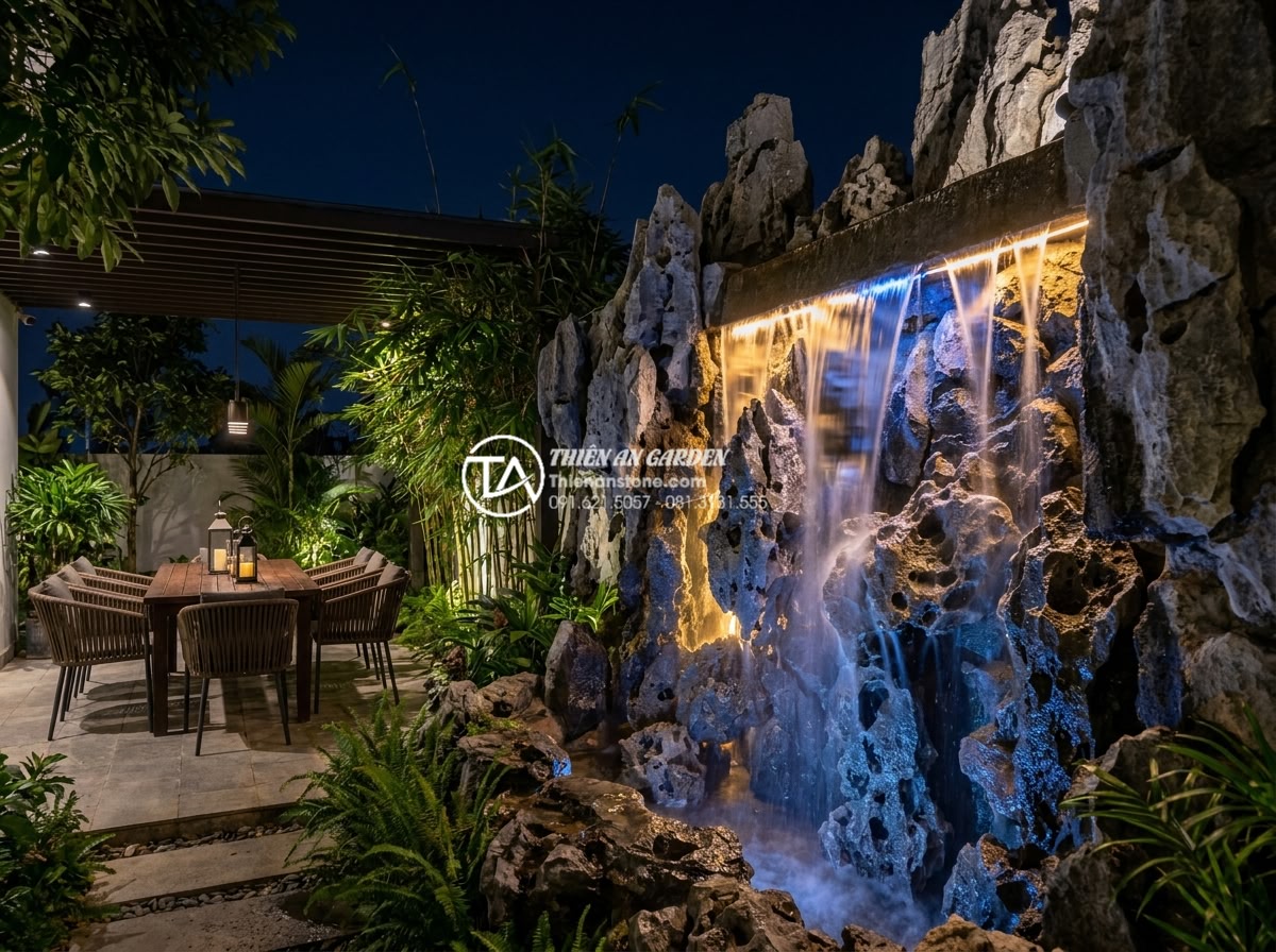 Tiểu Cảnh Nước - Hình 32 Tiểu Cảnh Nước - Side view of a stone water wall at night with colored LED backlighting creating