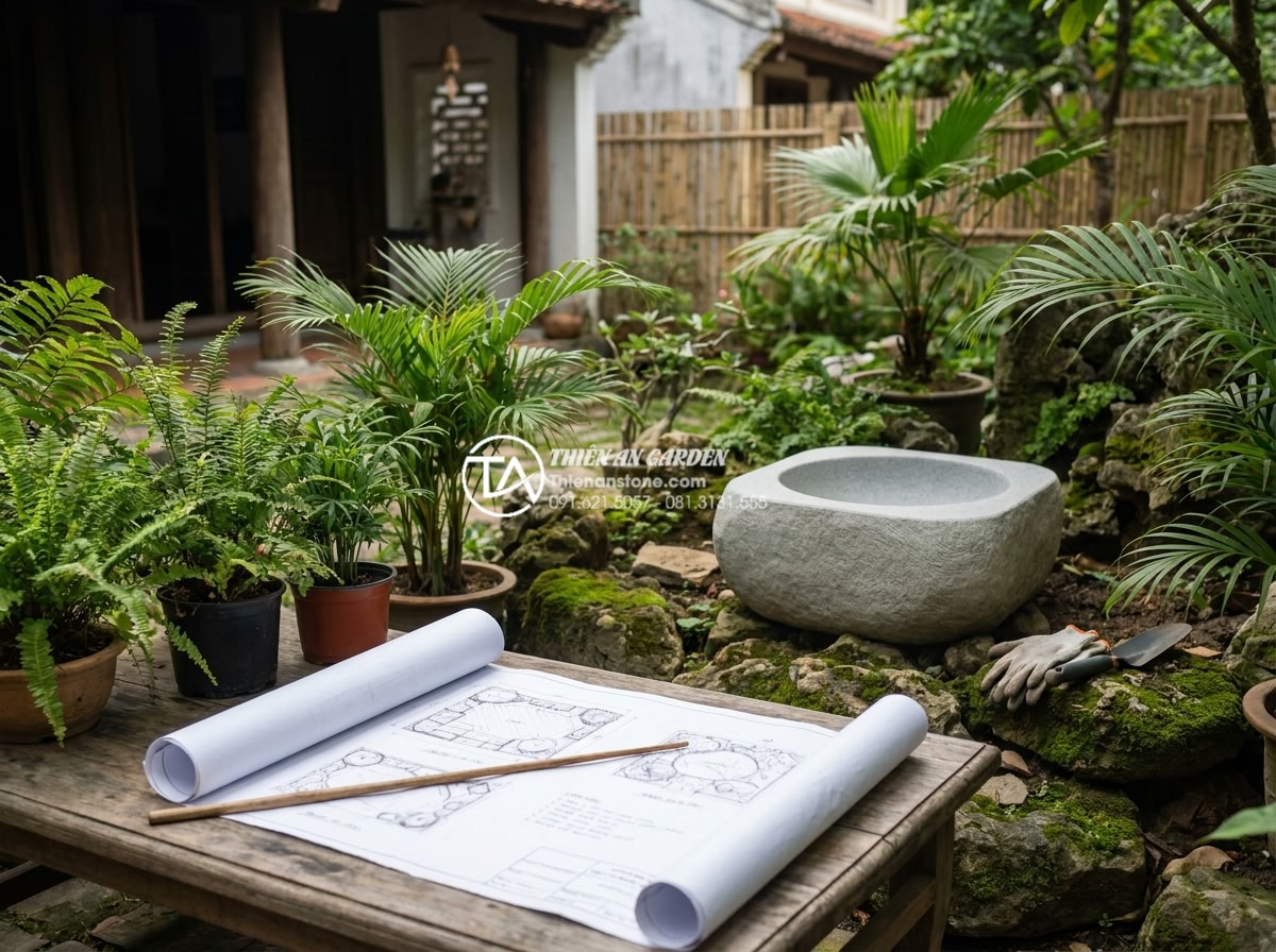 Tiểu Cảnh Nước - Hình 34 Tiểu Cảnh Nước - Homeowner and landscape designer discussing water feature placement in a garden,