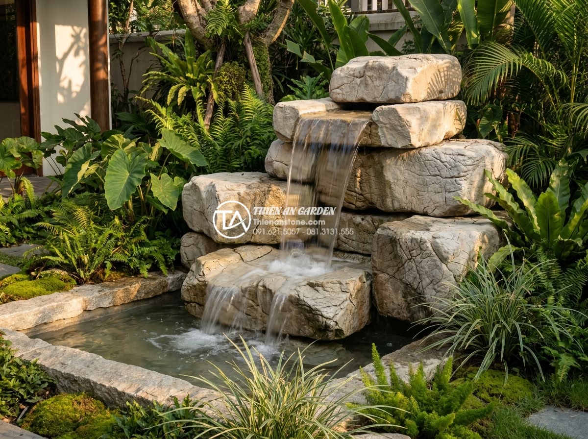 Tiểu Cảnh Nước - Hình 38 Tiểu Cảnh Nước - Completed garden water feature with running water flowing perfectly over natural