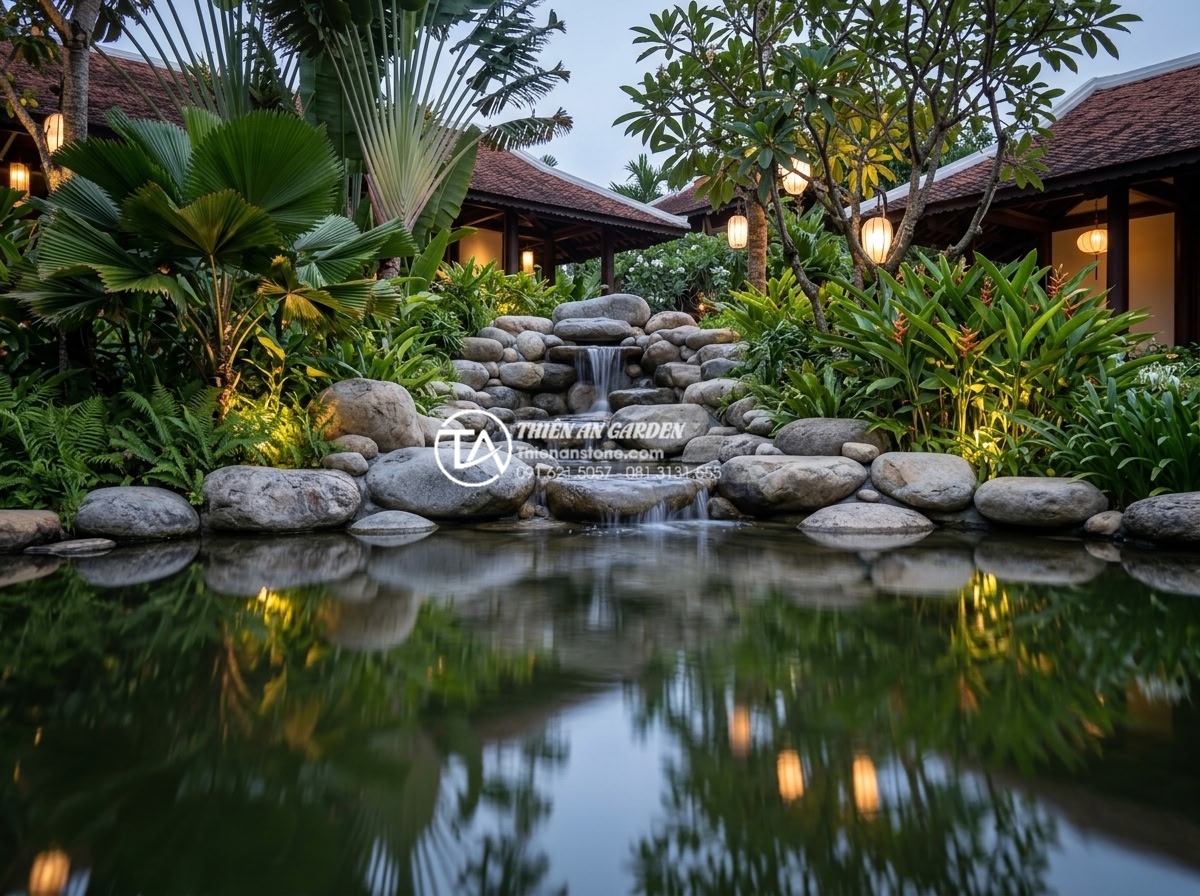 Tiểu Cảnh Nước - Hình 4 Tiểu Cảnh Nước - Luxurious garden water feature at a high-end resort, natural stone waterfall sur