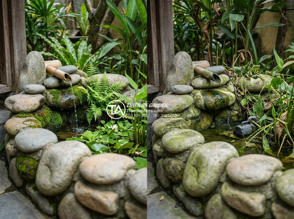 Tiểu Cảnh Nước - Hình 40 Tiểu Cảnh Nước - Well-maintained mature garden water feature showing healthy moss growth on stone