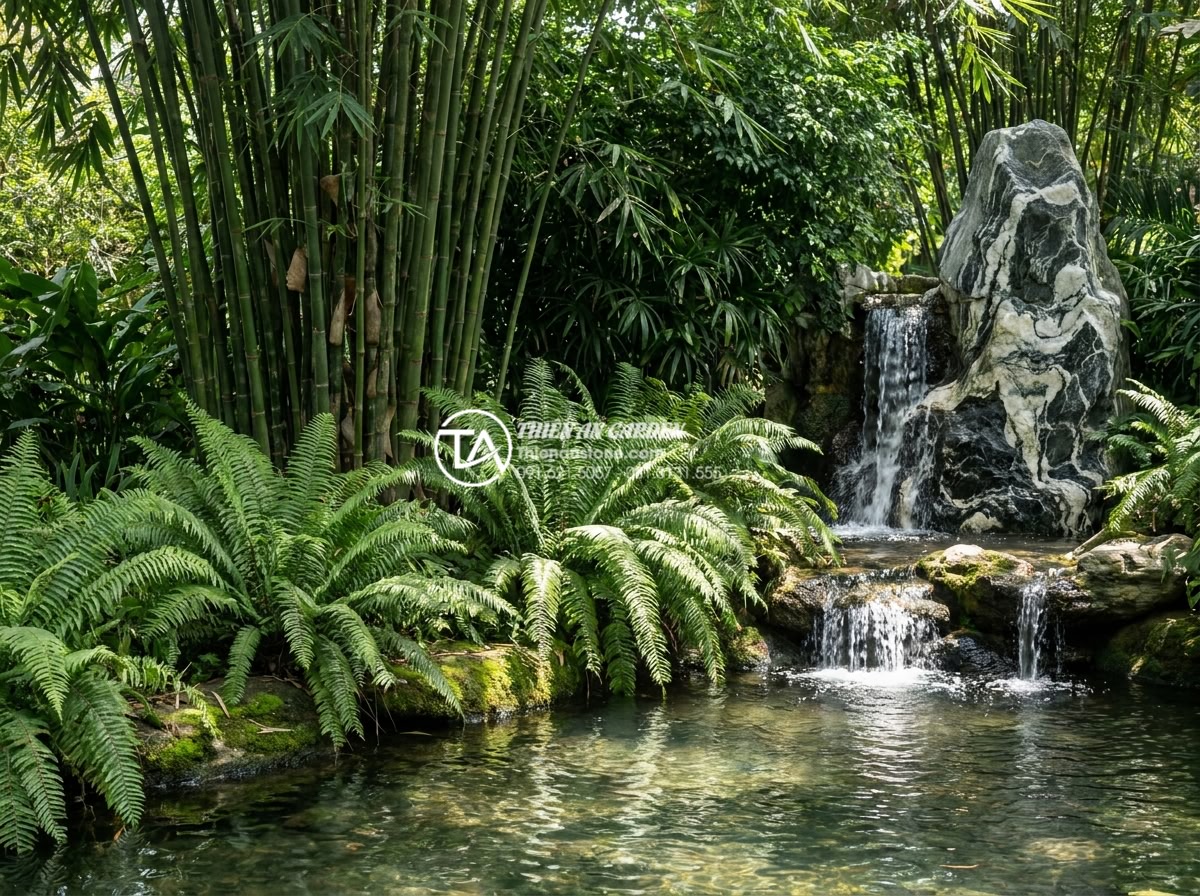 Tiểu Cảnh Nước - Hình 41 Tiểu Cảnh Nước - Lush planting arrangement around a garden water feature, Boston ferns growing at