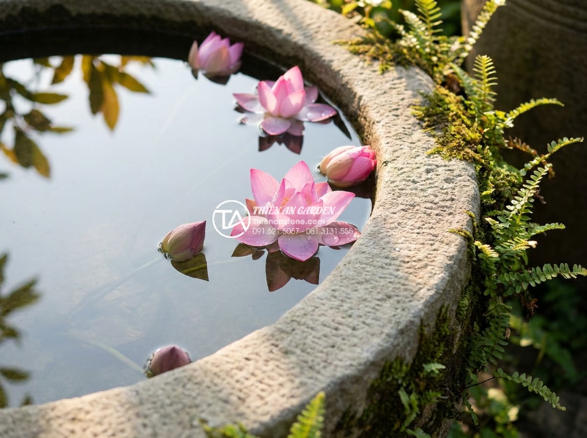 Tiểu Cảnh Nước - Hình 42 Tiểu Cảnh Nước - Small lotus flowers blooming on the surface of a garden water feature collection