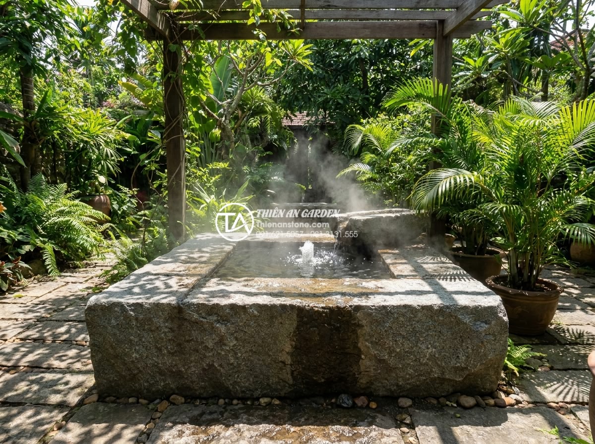 Tiểu Cảnh Nước - Hình 43 Tiểu Cảnh Nước - Garden water feature in bright summer sunlight, water evaporation creating sligh