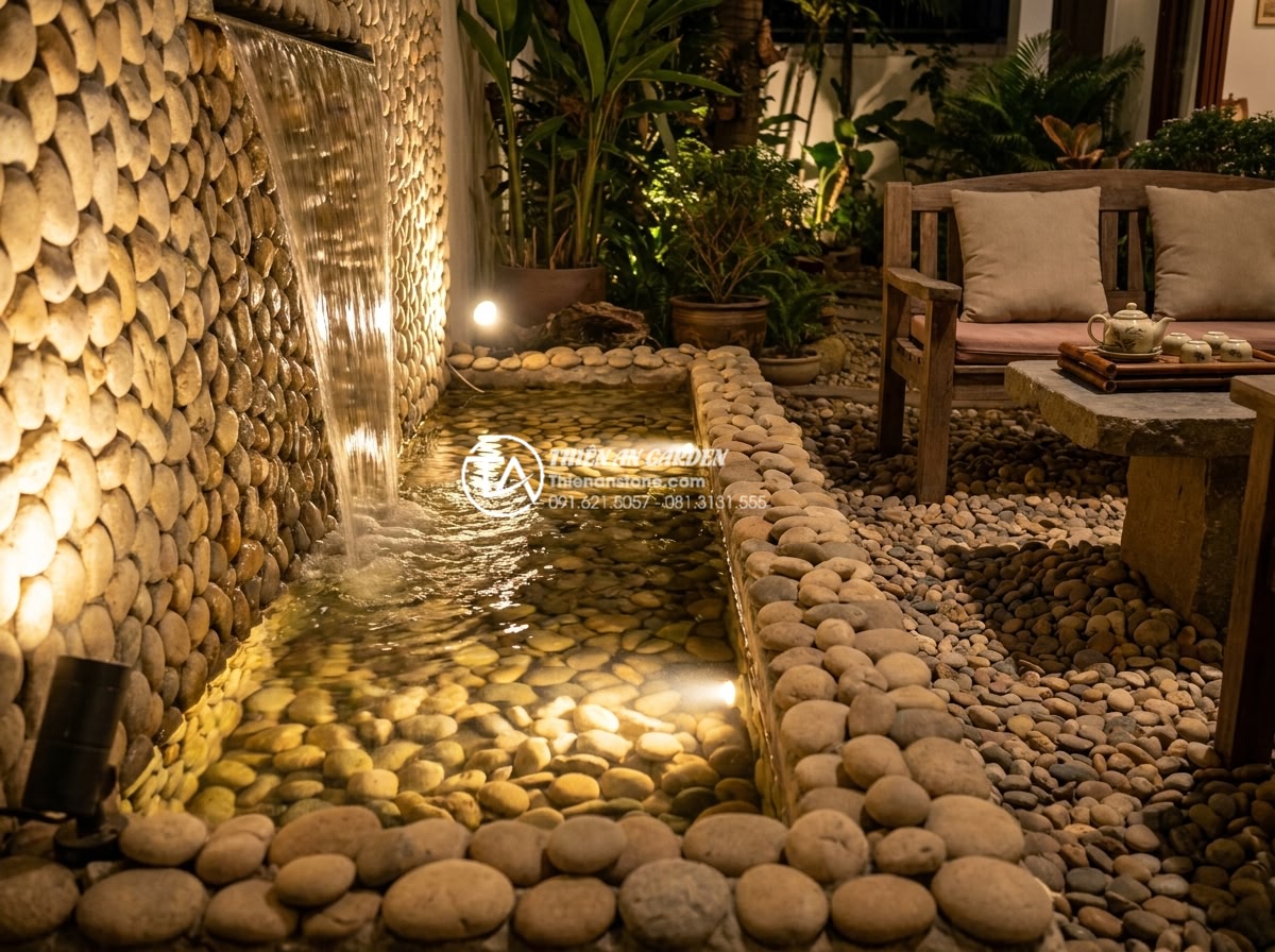 Tiểu Cảnh Nước - Hình 44 Tiểu Cảnh Nước - Evening scene of a garden water feature with warm LED lighting, water reflection