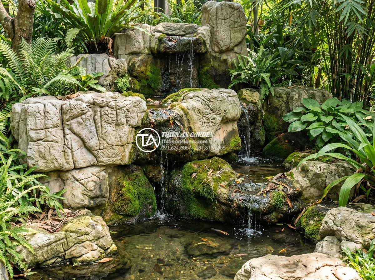 Tiểu Cảnh Nước - Hình 45 Tiểu Cảnh Nước - Aged natural stone water feature showing beautiful patina, thick moss coverage o
