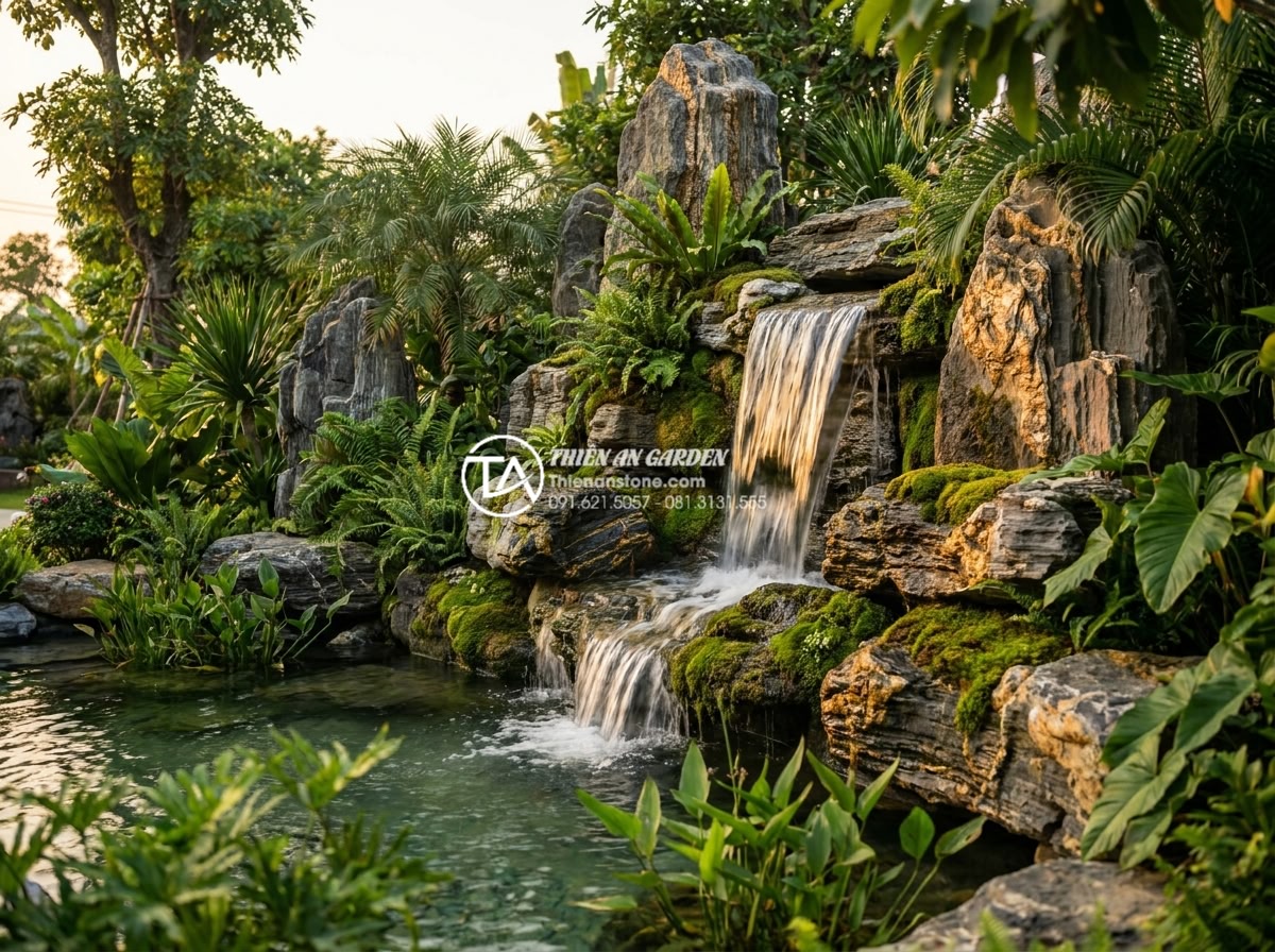 Tiểu Cảnh Nước - Hình 47 Tiểu Cảnh Nước - Final showcase image of a stunning completed natural stone water garden feature