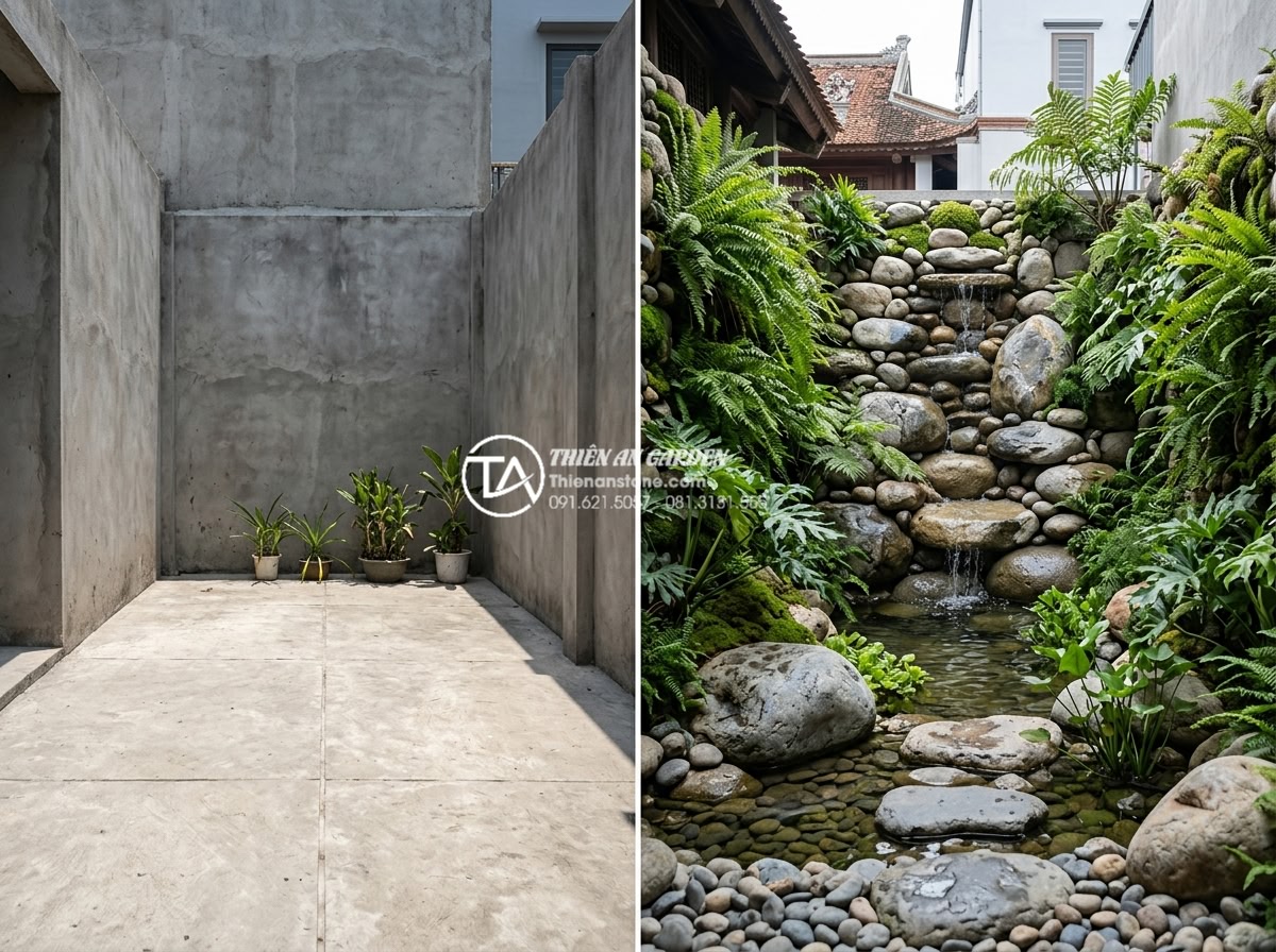 Tiểu Cảnh Nước - Hình 6 Tiểu Cảnh Nước - Before and after comparison concept of a bare concrete courtyard transformed int