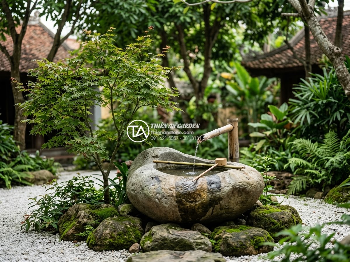Tiểu Cảnh Nước - Hình 7 Tiểu Cảnh Nước - Traditional Japanese tsukubai water basin garden feature with natural blue-grey