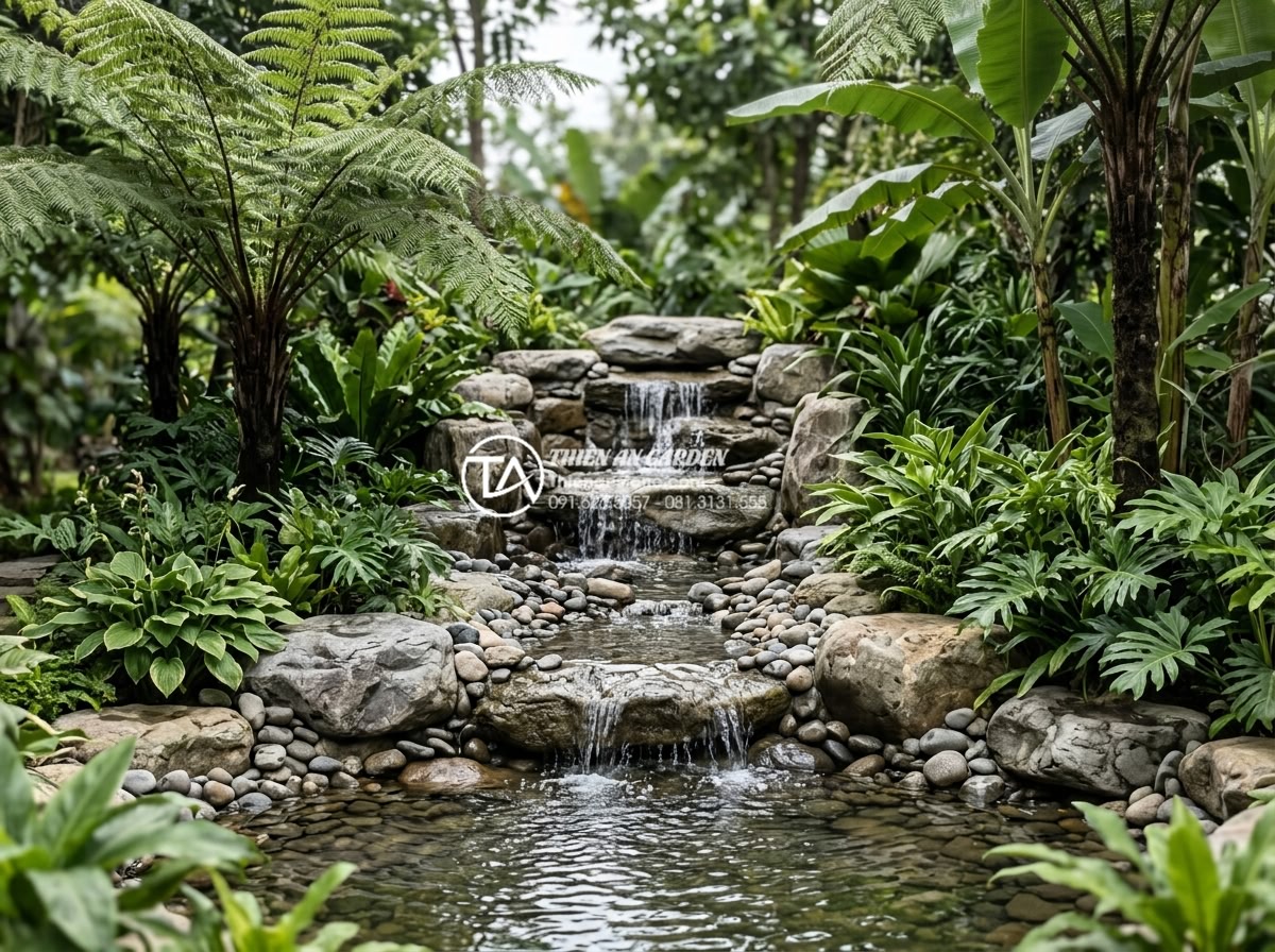 Tiểu Cảnh Nước - Hình 8 Tiểu Cảnh Nước - Tropical style natural water garden with layered stone waterfall, river pebbles,