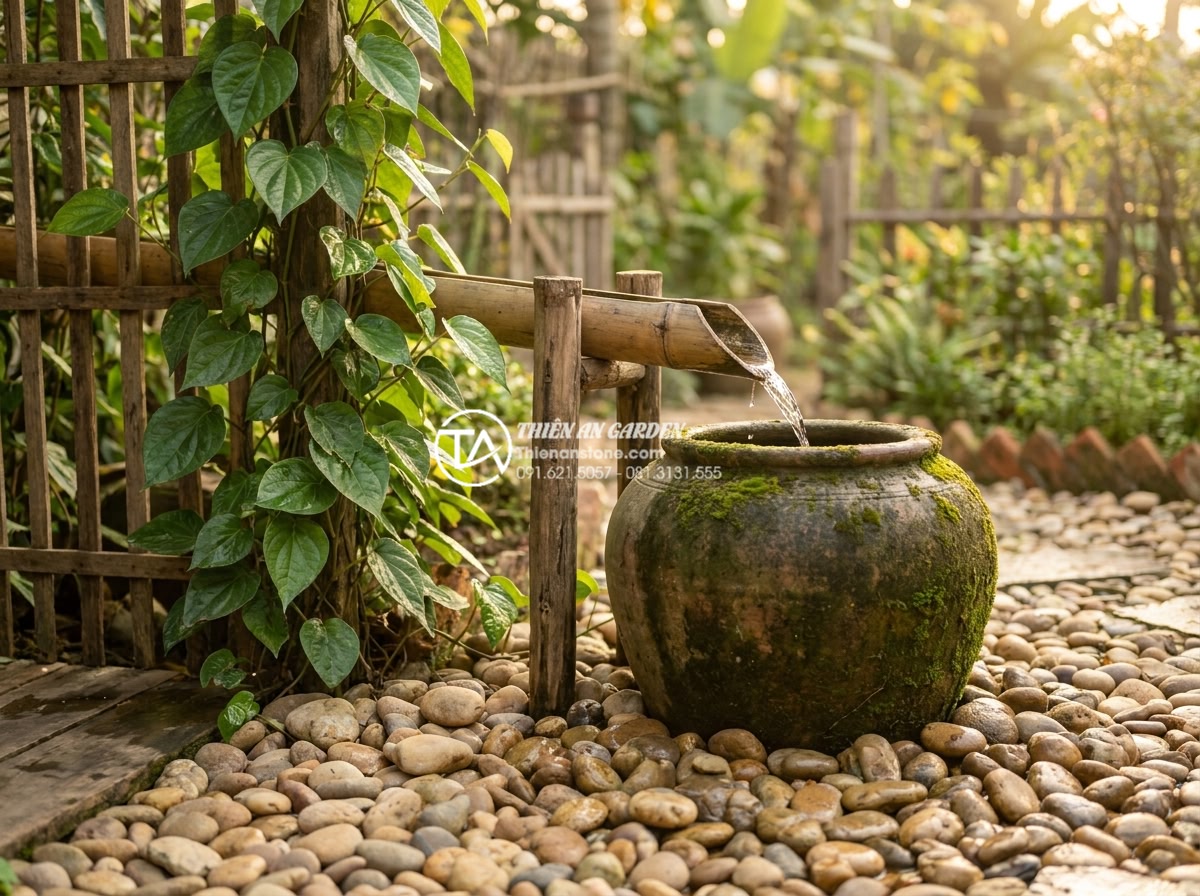 Tiểu Cảnh Ống Tre - Rustic Vietnamese countryside style bamboo tube water feature, half-cut bamboo p