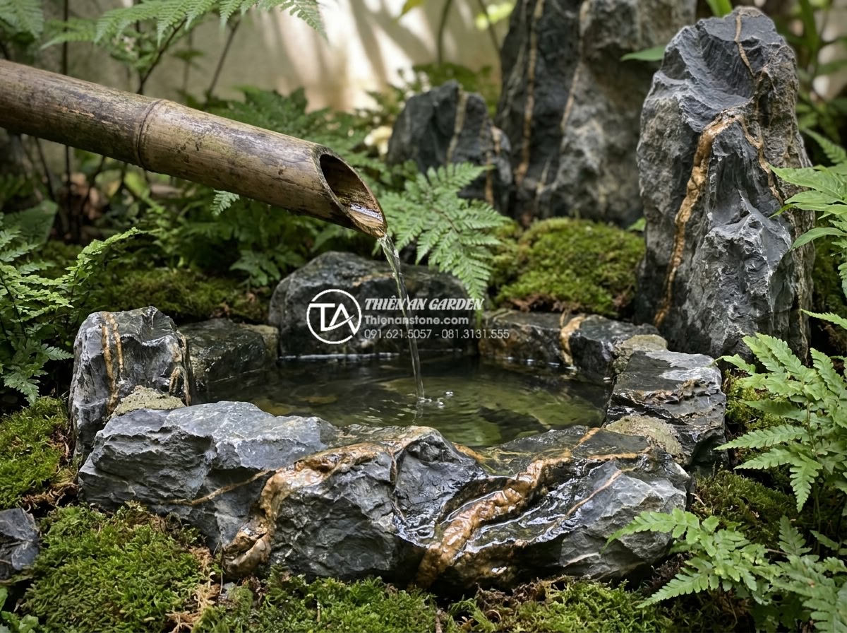 Tiểu Cảnh Ống Tre - Close up of bamboo tube water feature surrounded by carefully arranged natural s