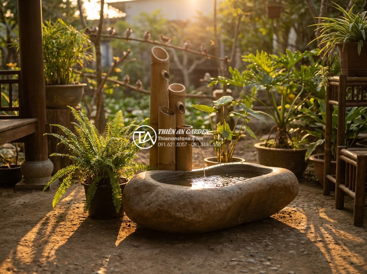 Tiểu Cảnh Ống Tre - Wide angle photograph of a complete garden scene at golden hour, bamboo tube wat