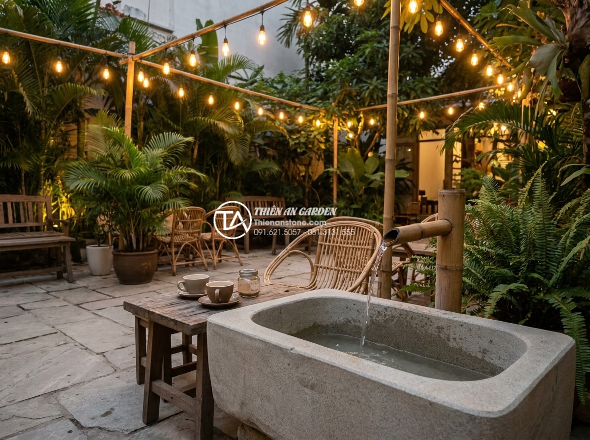 Tiểu Cảnh Ống Tre - Charming garden cafe courtyard with bamboo tube water feature, customers relaxin