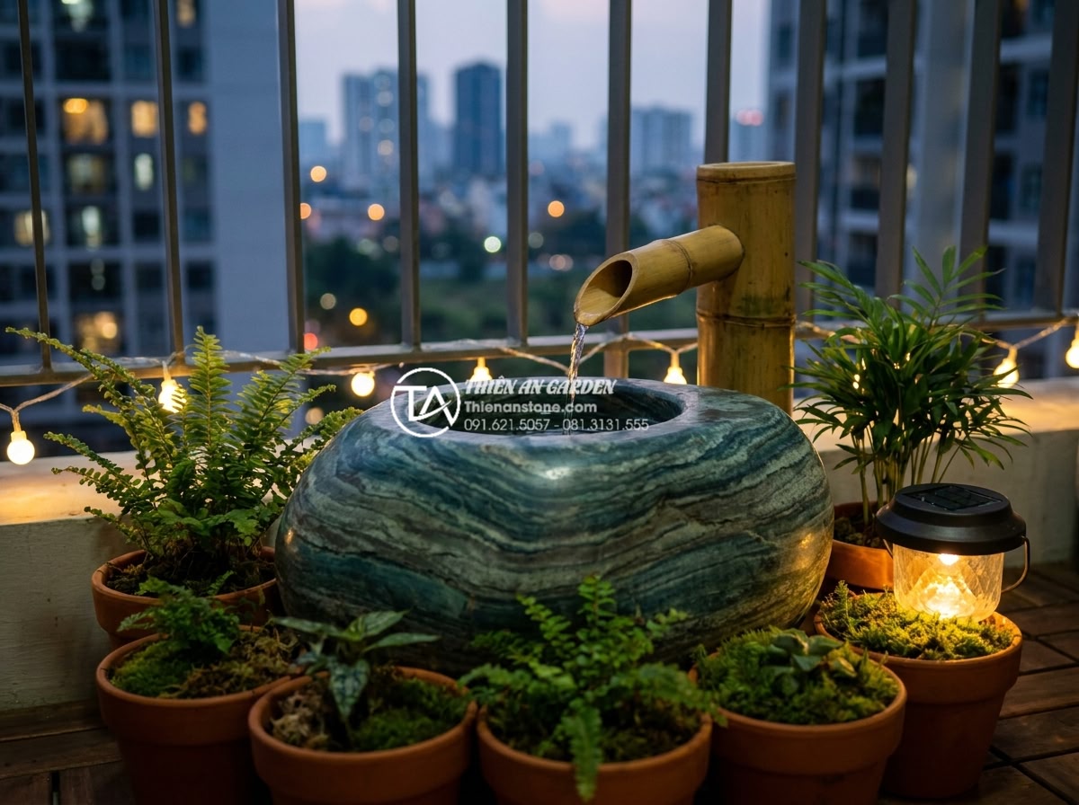 Tiểu Cảnh Ống Tre - Small bamboo tube water feature on a modern apartment balcony, compact design wi
