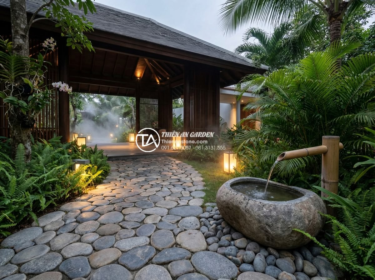 Tiểu Cảnh Ống Tre - Luxury spa resort entrance with elegant bamboo tube water feature, tropical land