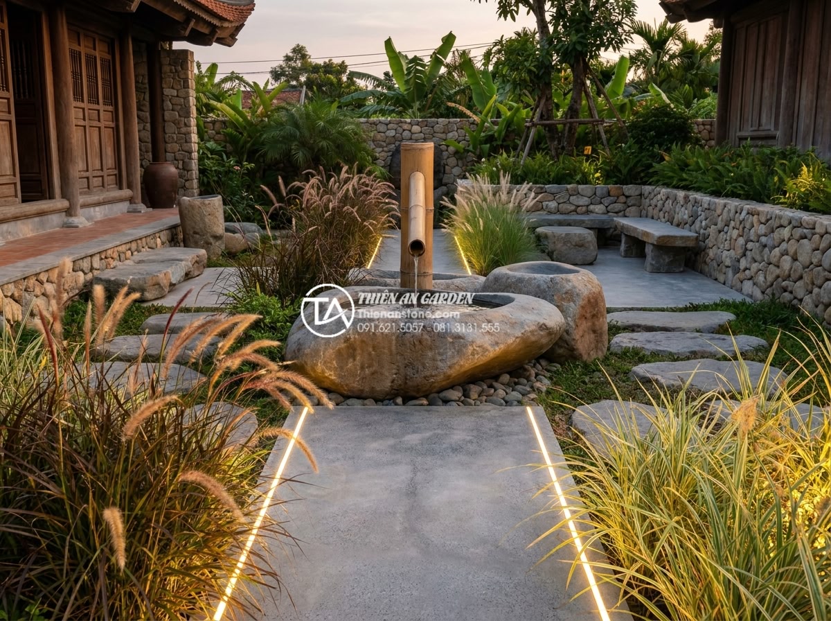 Tiểu Cảnh Ống Tre - Wide angle architectural photography of a modern minimalist garden with bamboo t