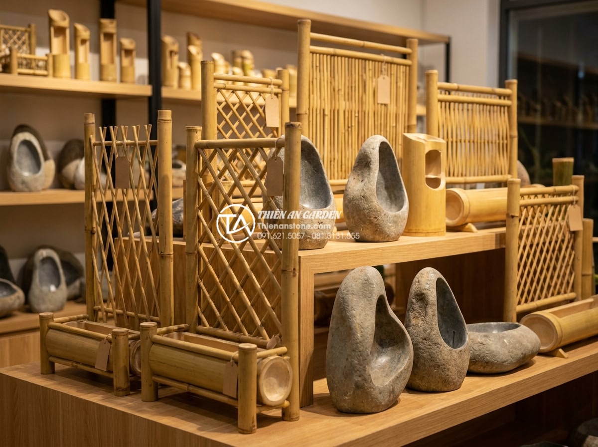 Tiểu Cảnh Ống Tre - Professional display of various bamboo tube garden features with different sizes