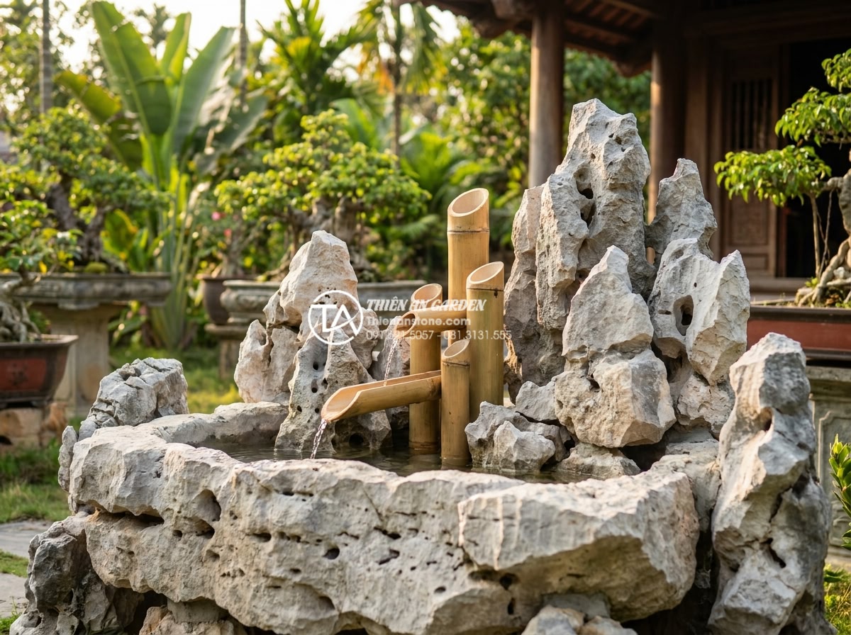 Tiểu Cảnh Ống Tre - Satisfied homeowner standing next to their newly completed bamboo tube garden fe