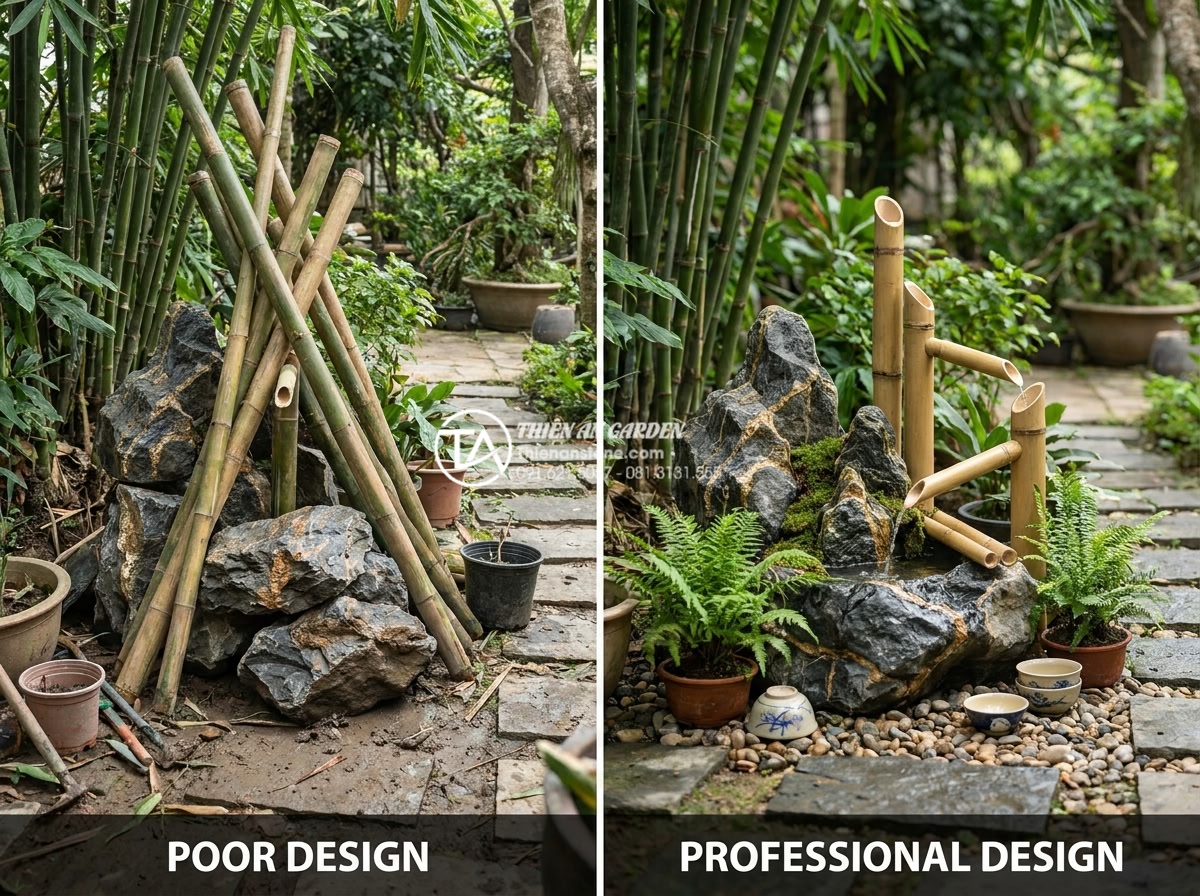 Tiểu Cảnh Ống Tre - Side by side comparison of poorly designed versus professionally designed bamboo