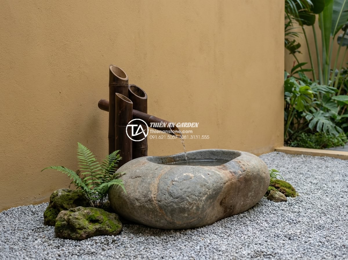Tiểu Cảnh Ống Tre - Clean minimalist bamboo tube garden feature demonstrating the less is more princ