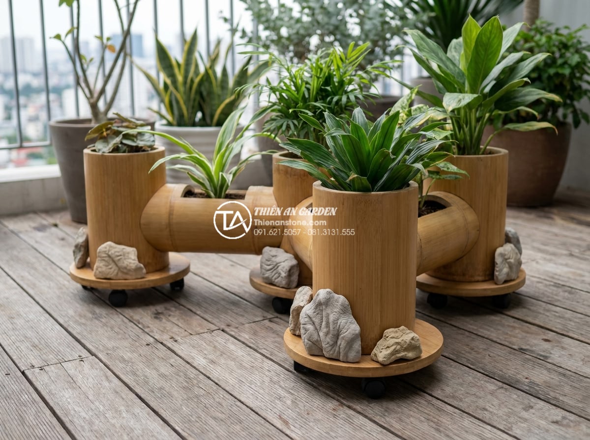 Tiểu Cảnh Ống Tre - Modern modular bamboo tube garden feature on wheels, portable design, placed on 