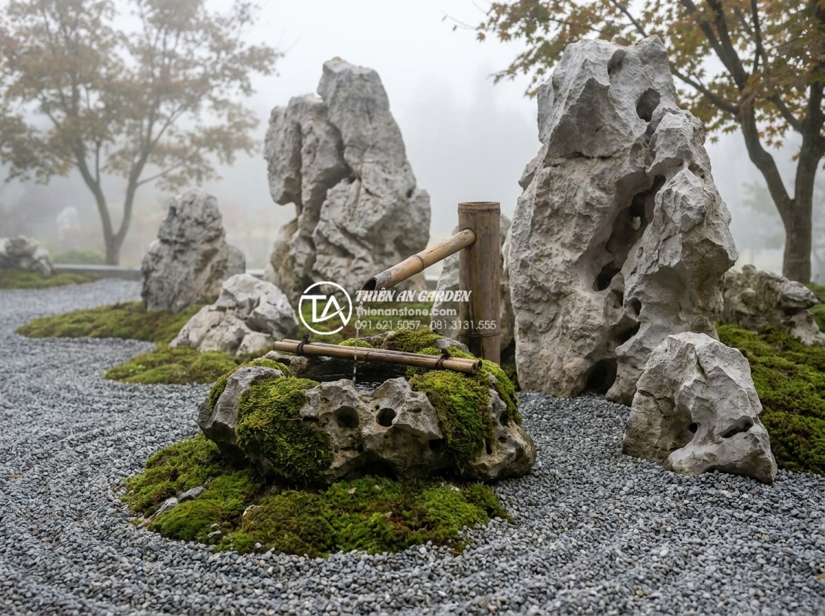 Tiểu Cảnh Ống Tre - Traditional Japanese style bamboo water feature called shishi odoshi in a zen ga