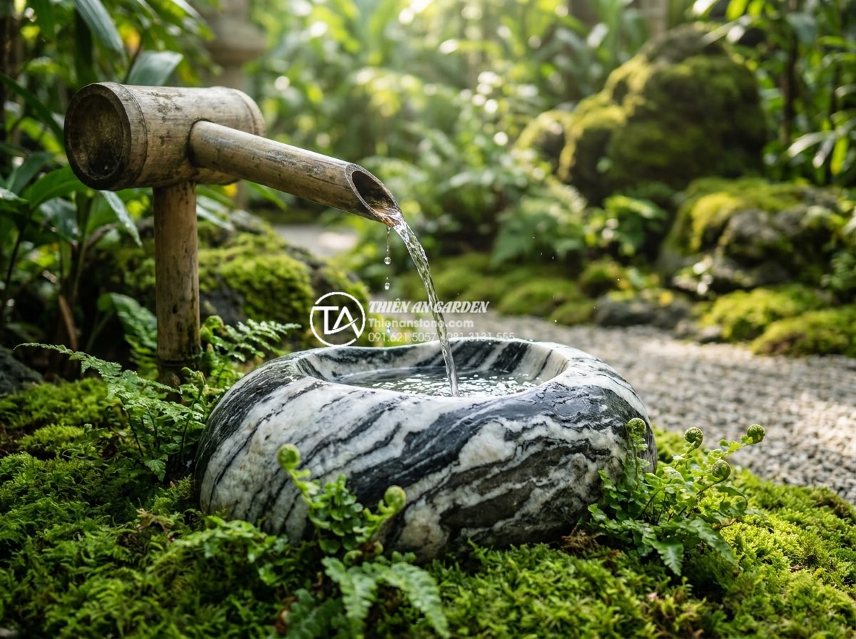 Tiểu Cảnh Ống Tre - Ultra realistic photograph of a Japanese shishi odoshi bamboo water feature in a