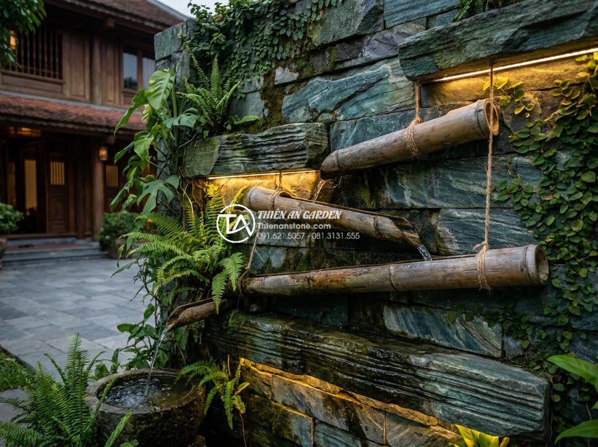 Tiểu Cảnh Ống Tre - Multi-tiered bamboo tube water cascade feature on a garden wall, water flowing d