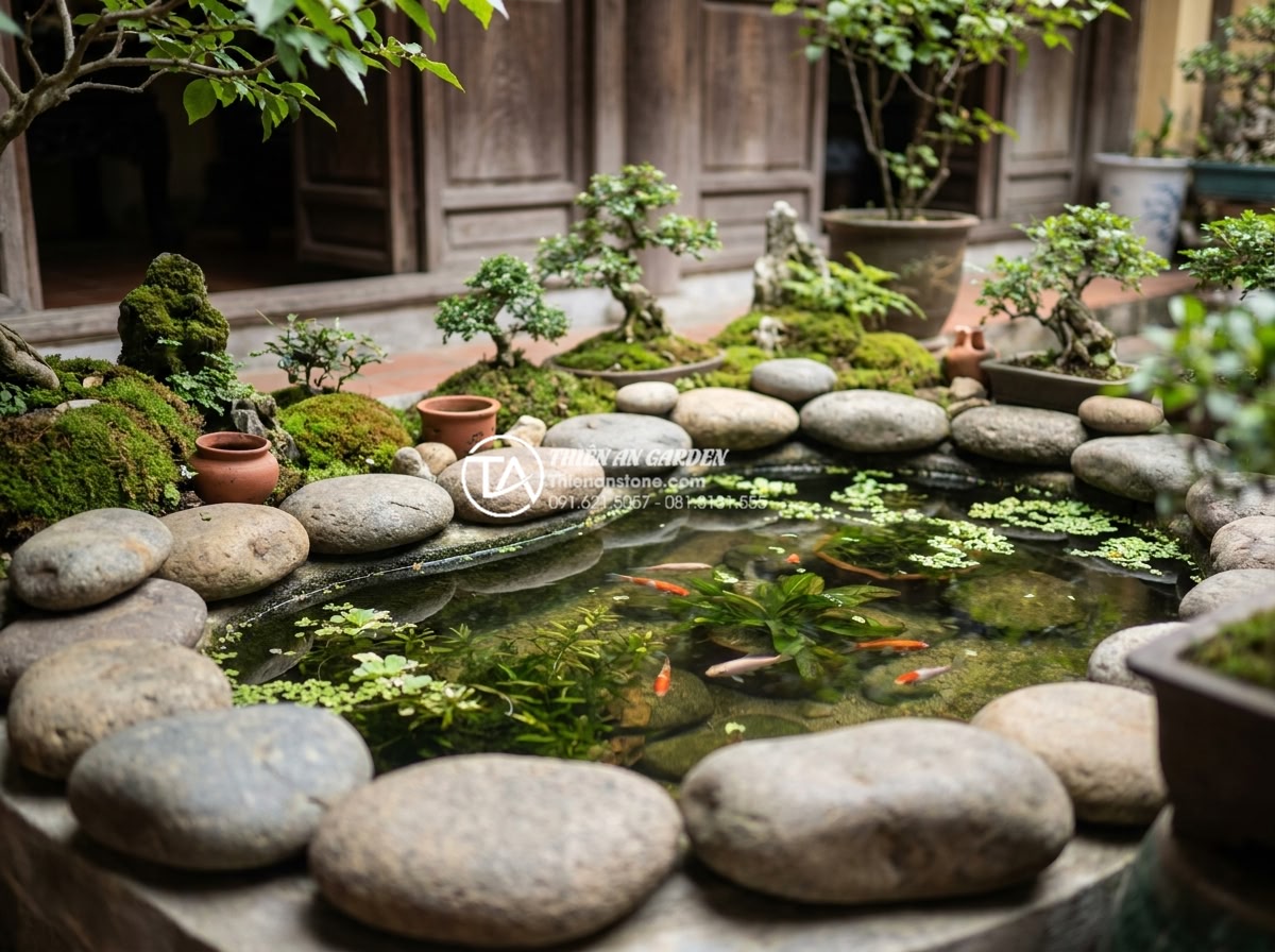 Tiểu Cảnh Sân Nhỏ - Small courtyard miniature landscape with integrated mini fish pond, natural ston