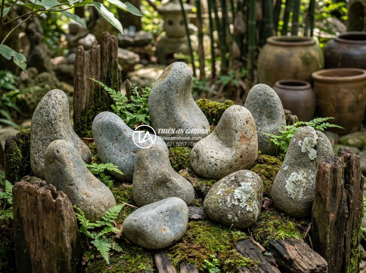 Tiểu Cảnh Sân Nhỏ - Close-up ultra realistic photo of various natural stones arranged in a small gar