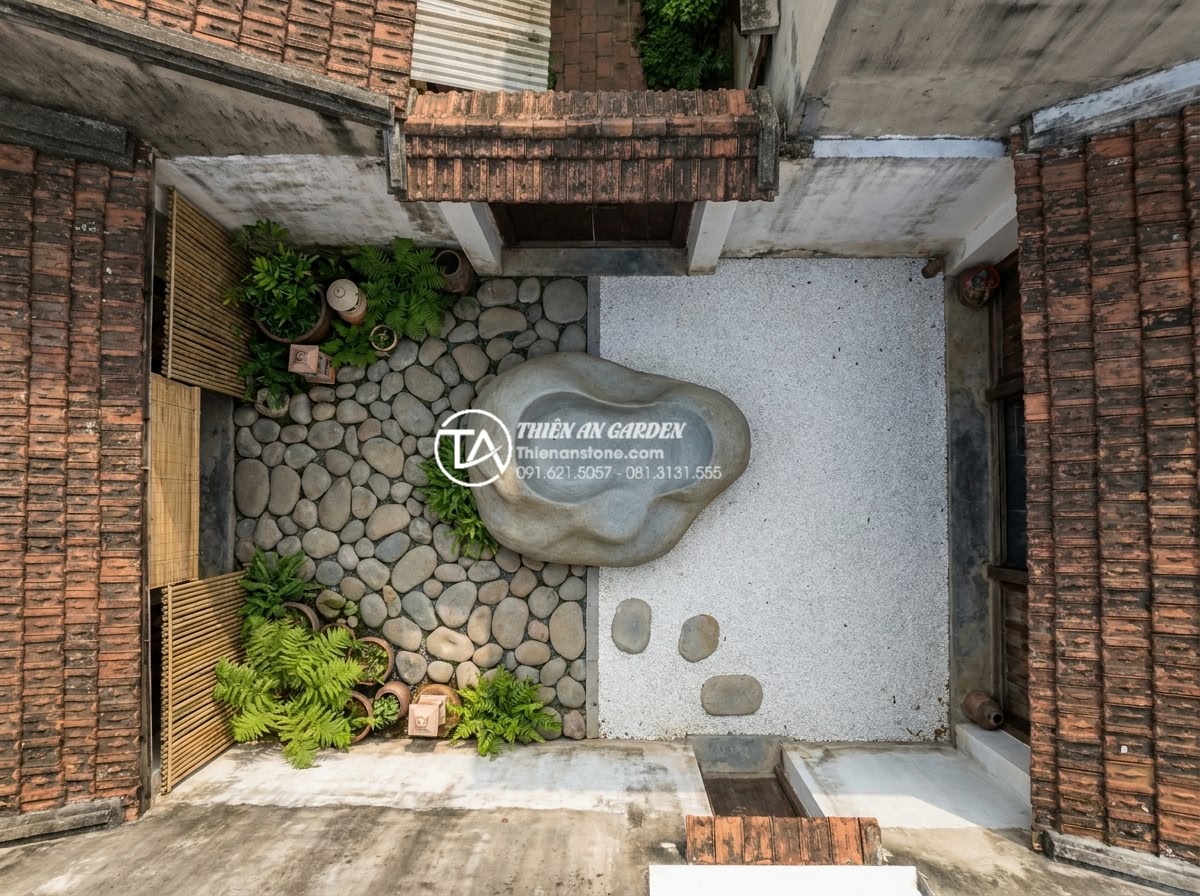Tiểu Cảnh Sân Nhỏ - Diagram-style ultra realistic photo showing three zones of a small courtyard gar