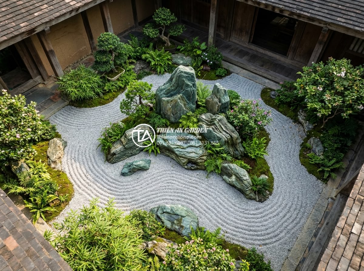 Tiểu Cảnh Sân Nhỏ - Birds eye view of a square small courtyard garden with radial layout, curved gra