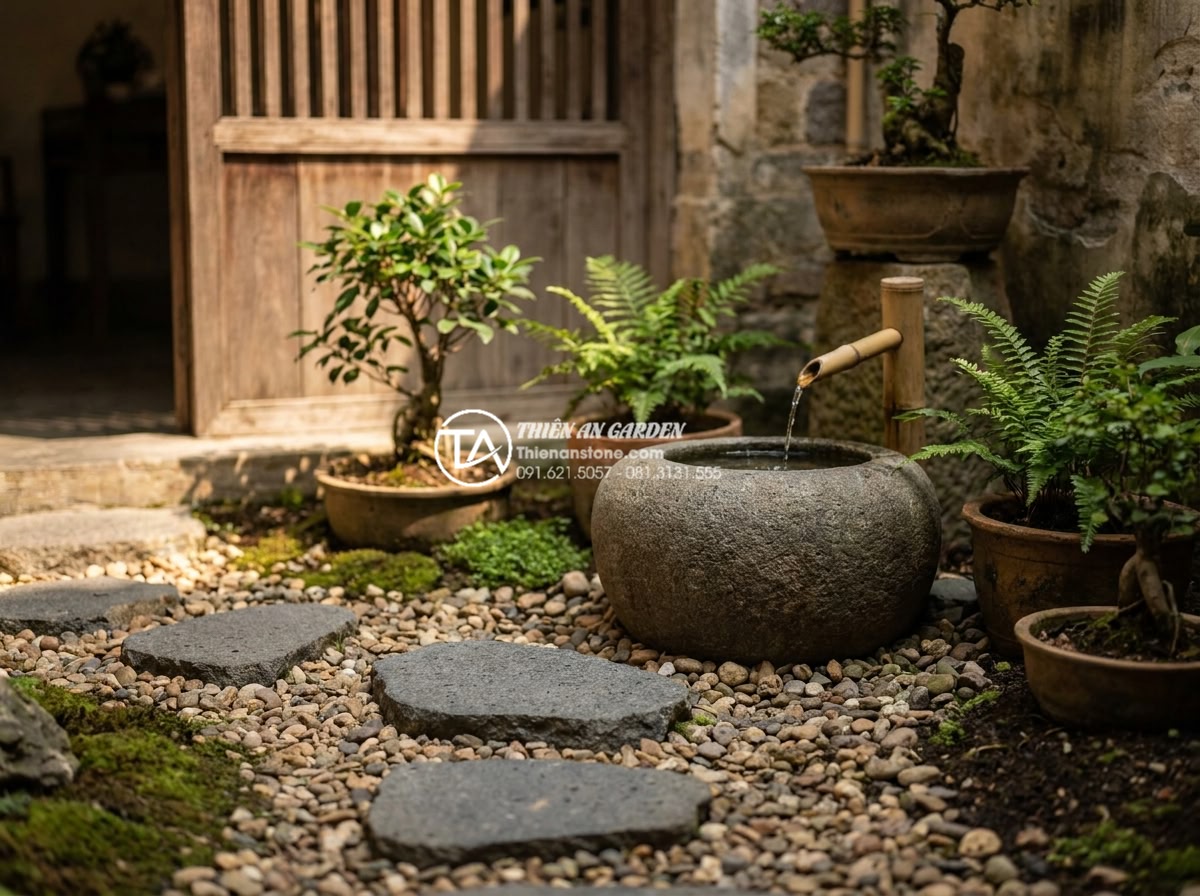 Tiểu Cảnh Sân Nhỏ - Ultra realistic photo of a perfectly balanced small courtyard garden showing har