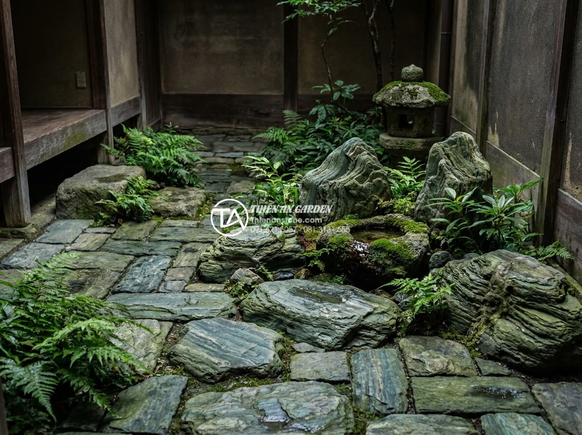 Tiểu Cảnh Sân Nhỏ - Realistic photo of a small Vietnamese townhouse courtyard with miniature landsca