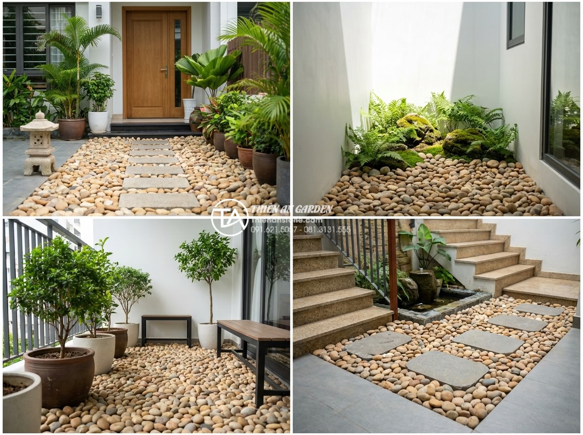 Tiểu Cảnh Sân Nhỏ - Ultra realistic split-view photo showing four different applications of small co