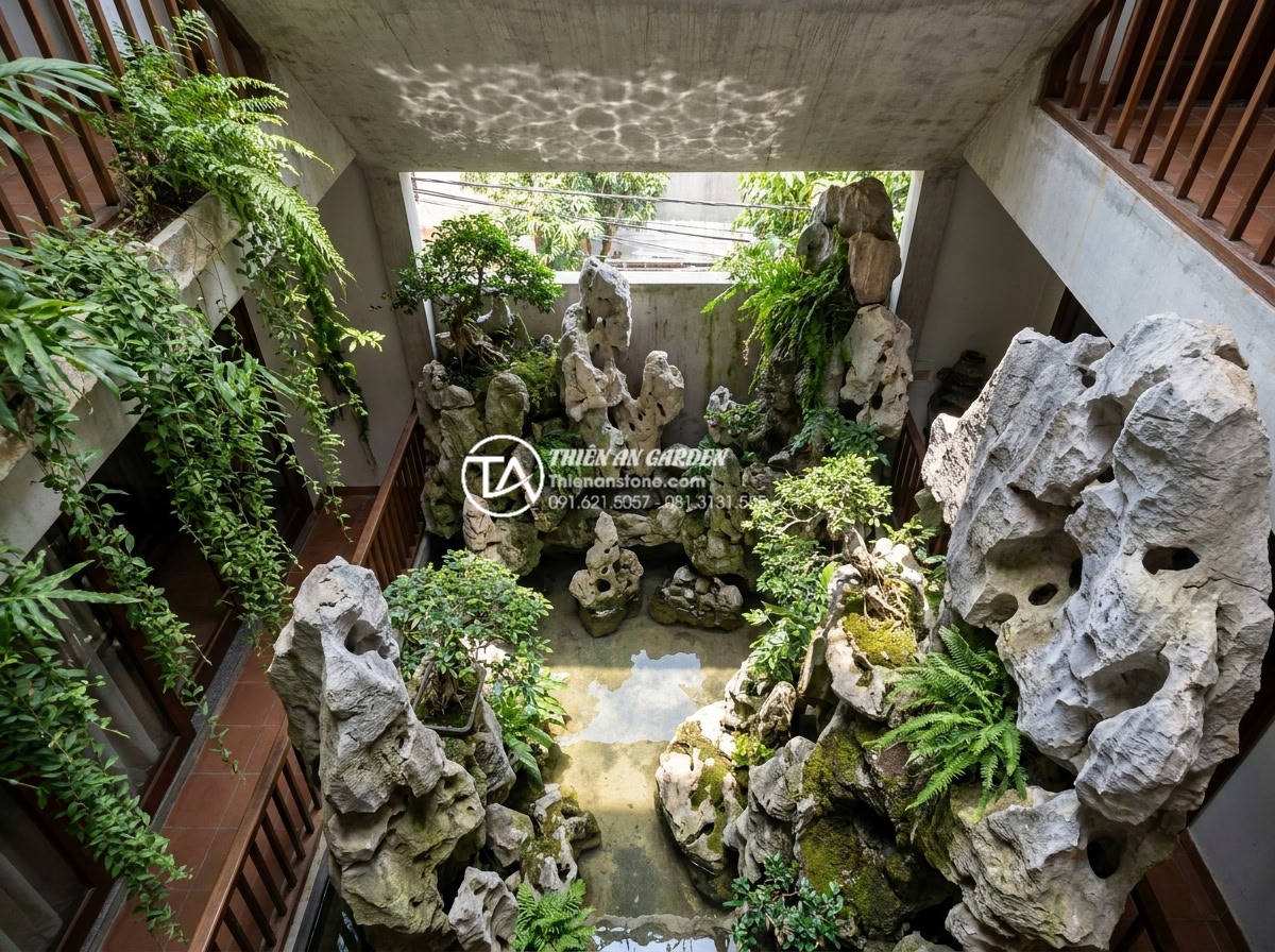 Tiểu Cảnh Sân Nhỏ - Ultra realistic photo looking down into a light well courtyard with miniature la