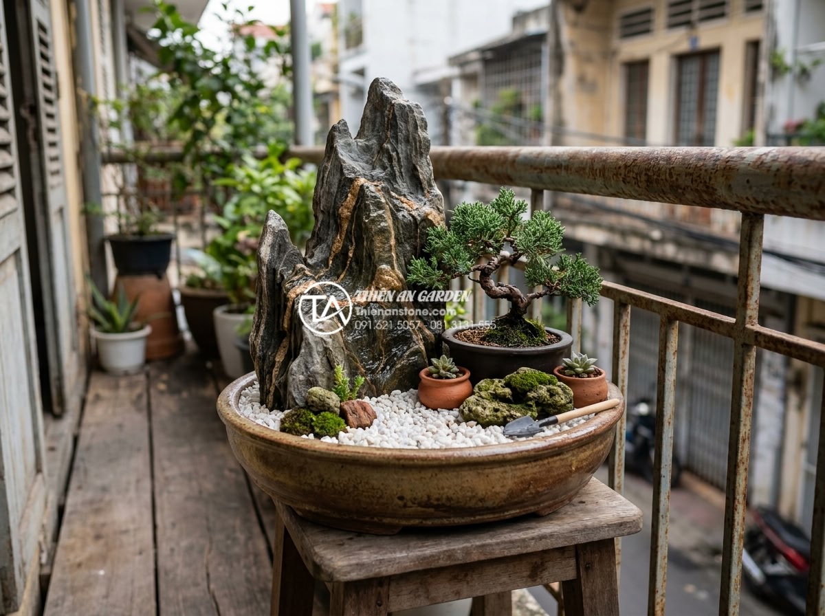 Tiểu Cảnh Sân Nhỏ - Ultra realistic photo of a tiny balcony miniature garden with natural stone in a
