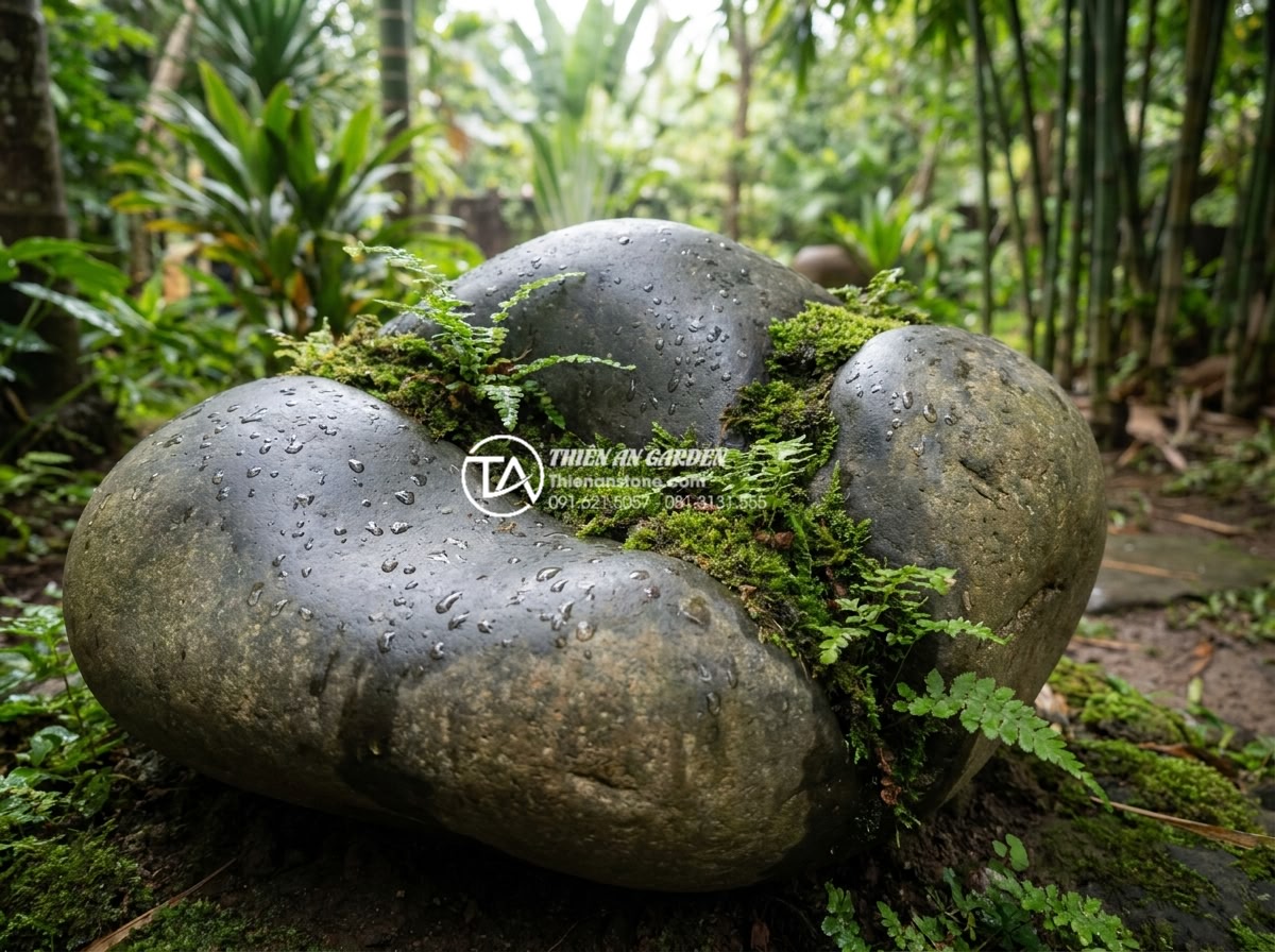 Tiểu Cảnh Sân Nhỏ - Close-up ultra realistic photo of natural stone texture in a small garden settin