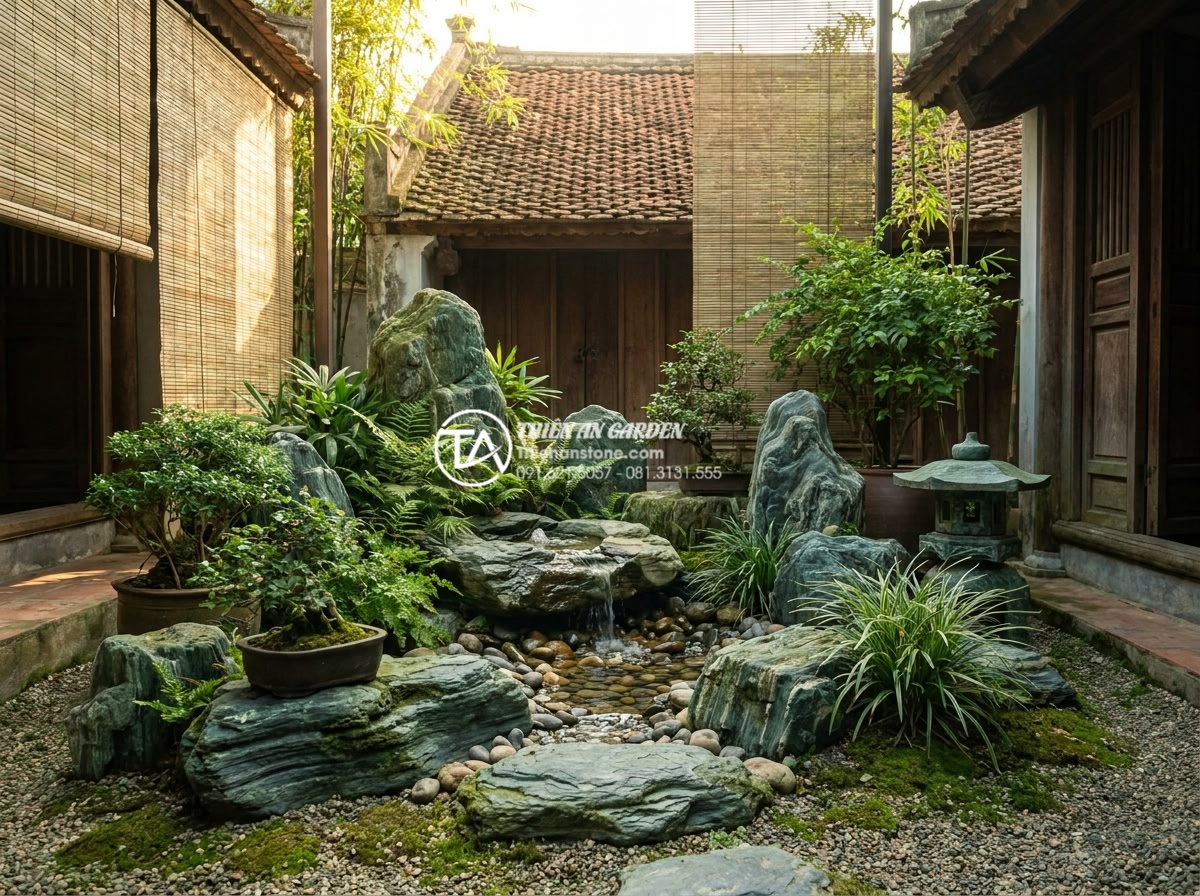 Tiểu Cảnh Sân Nhỏ - Ultra realistic photo of a small courtyard garden designed with feng shui princi