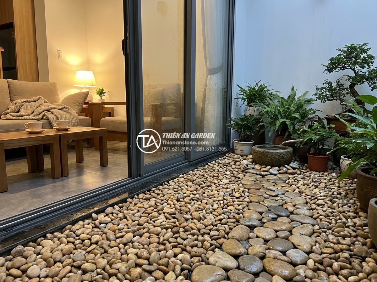 Tiểu Cảnh Sân Nhỏ - Ultra realistic lifestyle photo of a family enjoying their small courtyard garde