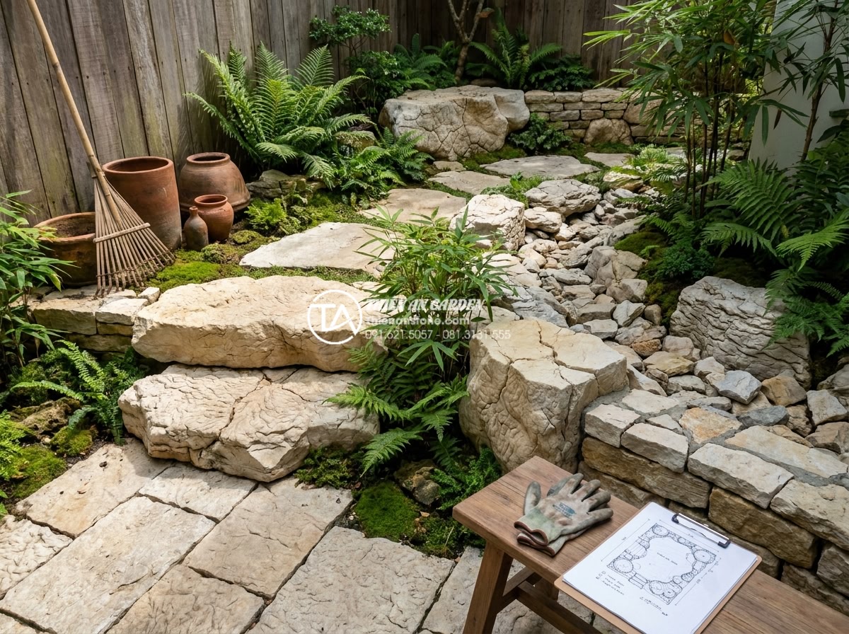 Tiểu Cảnh Sân Nhỏ - Ultra realistic photo of a landscape designer examining a small courtyard garden