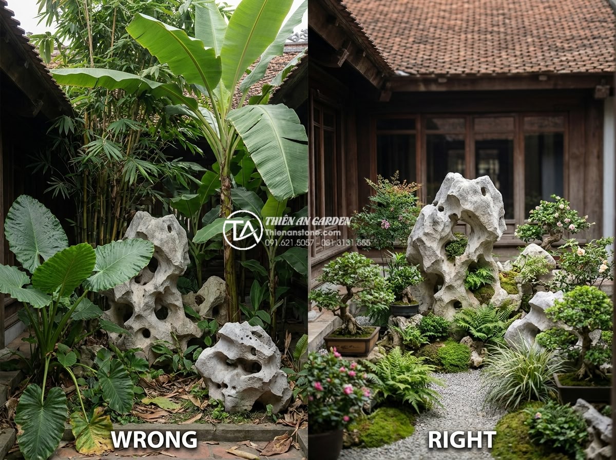 Tiểu Cảnh Sân Nhỏ - Ultra realistic comparison photo showing right vs wrong plant choices for small 